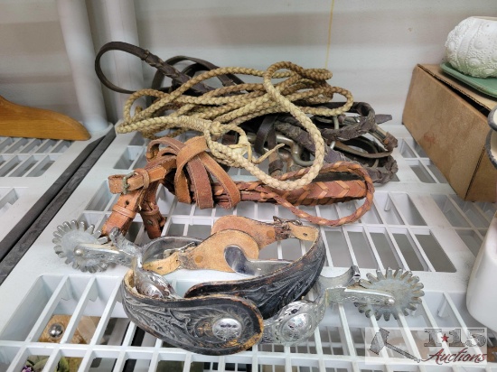 Headstall, (2) Reins, Snaffle Bit, Rope and Spurs