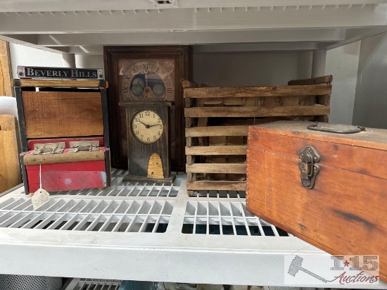 Antique Egg Crate, (2) Clocks, Vintage Card Dispenser & Wooden Box
