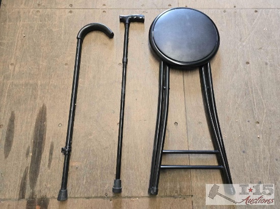 (2) Walking Canes, Folding Stool