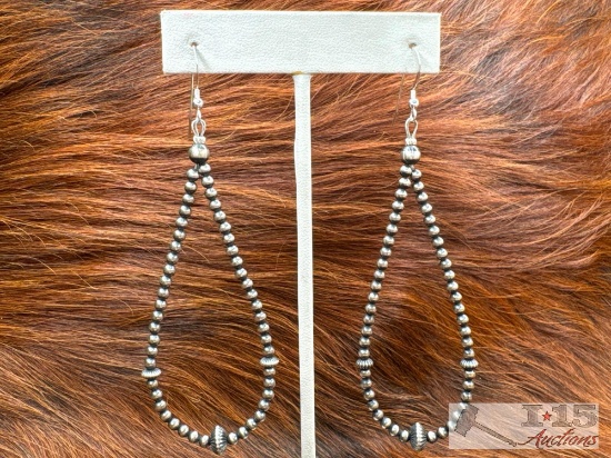 Native American Sterling Silver Teardrop Beaded Earrings, 6g