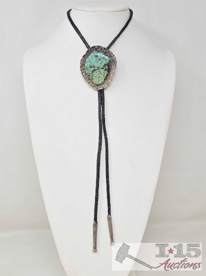 Native American Sterling Silver Turquoise Bolo Tie, 54g