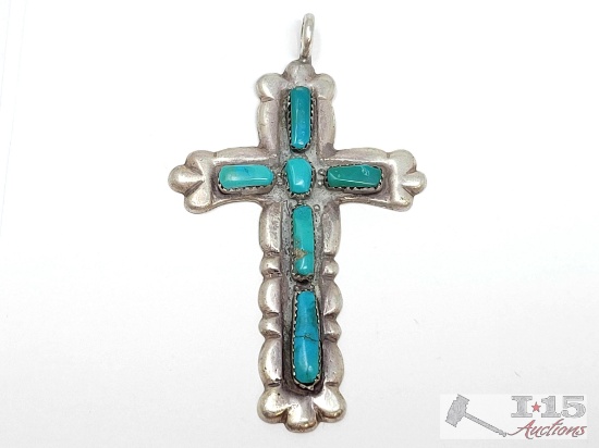 Native American Sterling Silver 6 Stone Turquoise Cross Pendant, 23.32g