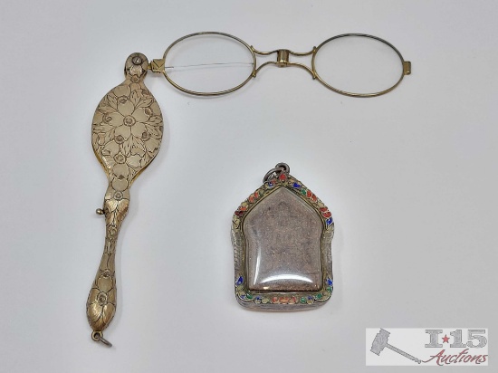 Antique Sterling Silver Lorgnette Glasses & Amulet, 52.94g