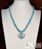 Native American Sterling Silver Beaded Turquoise Necklace with Heart Turquoise Pendant, 48g