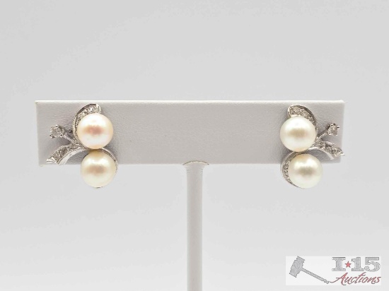 14K White Gold Diamond & Pearl Screw-On Earrings, 7.34g