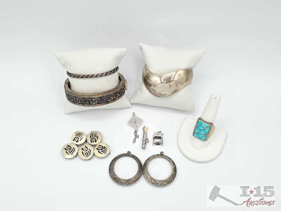 Sterling Silver Cuff Bracelets, Pendants, Buttons and Ring with Turquoise, 143.58g