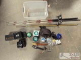 2 Fishing Poles & Spear & Tote With Reels & Fishing Gear