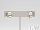 14K White Gold Diamond & Pearl Screw-On Earrings, 7.34g