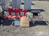 (3) Camping Chairs, Coghlan's Pop-Up Camp Trash Can, and Collapsible Table