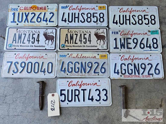 10 License Plates and 2 Railroad Spikes
