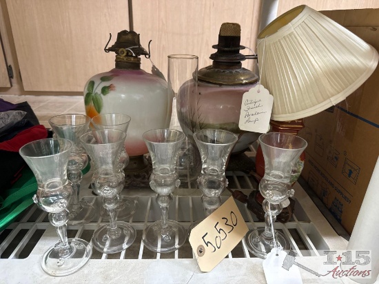 (3) Painted Lamps & (7) Crystal Cups