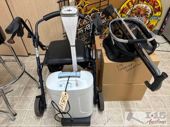 (2) Canes & Walker Seat & Scale & (3) Box?s of Medical Supplies