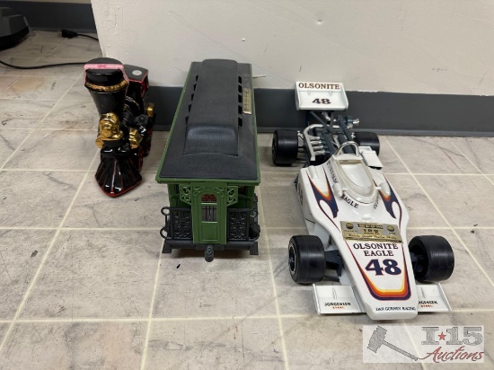 2 Trains Decanters 1 drag car decanter