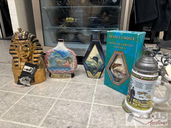 4 decanters 1 beer Stein