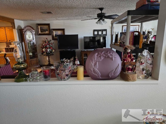 Kerosene Lantern 3 Candles Two Vases Porcelain Doll and Floral Decor