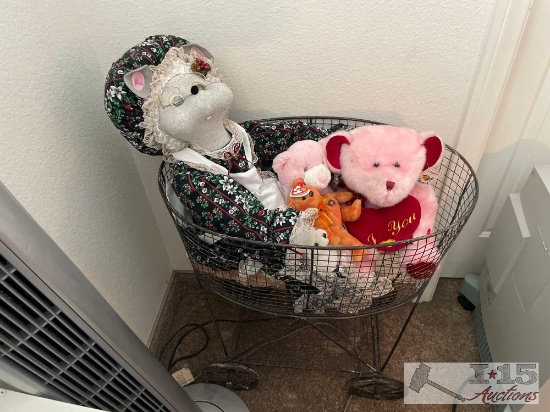 Vintage Metal Carriage and Stuffed Animals