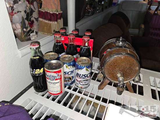 Coca-Cola Bottles, Busch Beer Cans, Vintage Budweiser Can, and Barrel