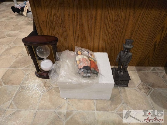 Vintage Hourglass, Metal Coin Bank, Knife and Statue Set, and Dolls