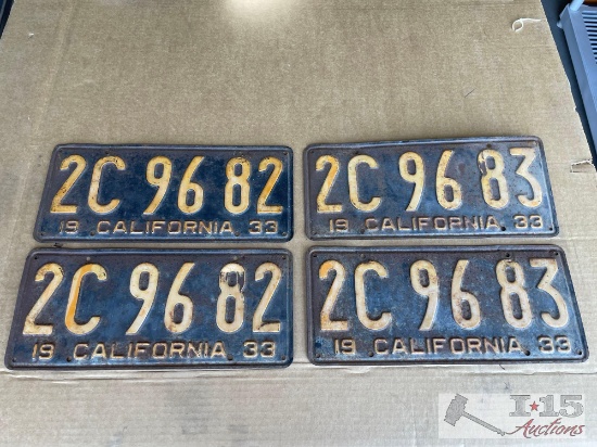 2 Pairs of 1933 Sequential California License Plates