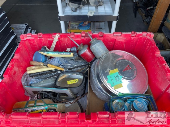 Tote of Hub Caps Older Oil Cans 71 Mustang Side Mirrors