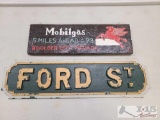 (1) Cast Iron Embossed Ford St British Street Sign and Wooden Hanging Mobil Sign