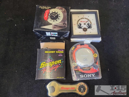 (3) Snap-on Clocks, (1) Snap-on Headset Radio, and (1) Sony Walkman