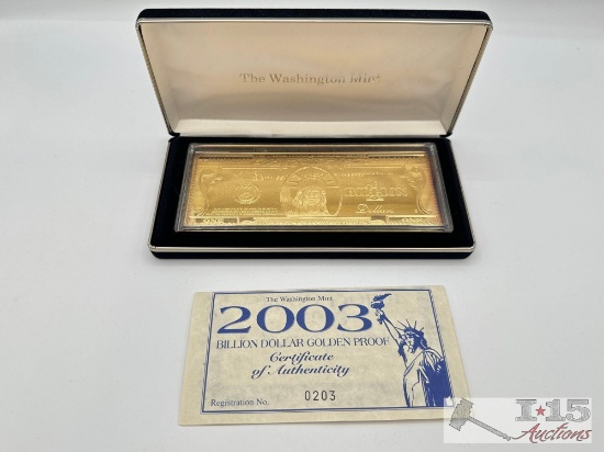 2003 Billion Dollar .999 Pure Silver Layered in Pure 24kt Gold Bar, 4ozt