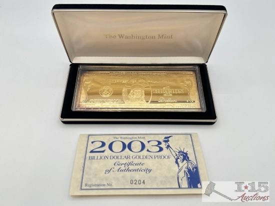 2003 Billion Dollar .999 Pure Silver Layered in Pure 24kt Gold Bar, 4ozt