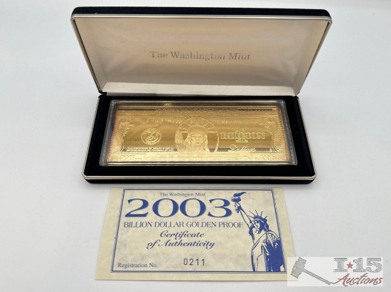 2003 Billion Dollar .999 Pure Silver Layered in Pure 24kt Gold Bar, 4ozt