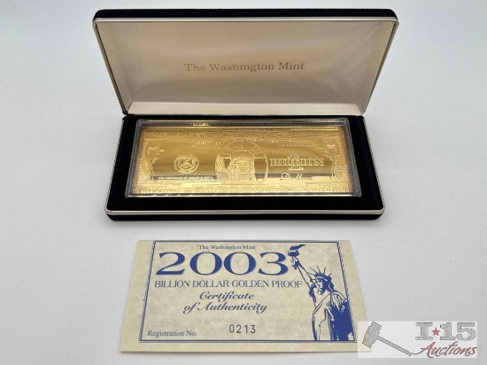 2003 Billion Dollar .999 Pure Silver Layered in Pure 24kt Gold Bar, 4ozt