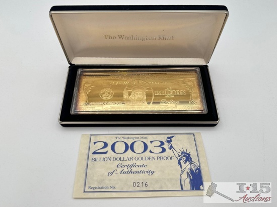 2003 Billion Dollar .999 Pure Silver Layered in Pure 24kt Gold Bar, 4ozt