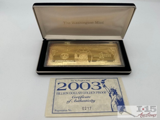 2003 Billion Dollar .999 Pure Silver Layered in Pure 24kt Gold Bar, 4ozt