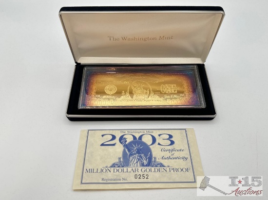 2003 Million Dollar .999 Pure Silver Layered in Pure 24kt Gold Bar, 4ozt