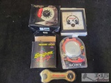 (3) Snap-on Clocks, (1) Snap-on Headset Radio, and (1) Sony Walkman