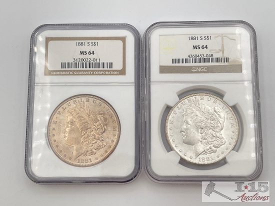 (2) 1881-S Morgan Silver Dollars