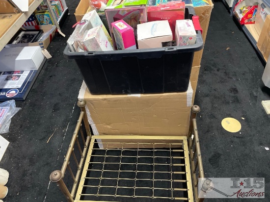 1 Tote 1 Box of Dolls and Baby Doll Bed frame