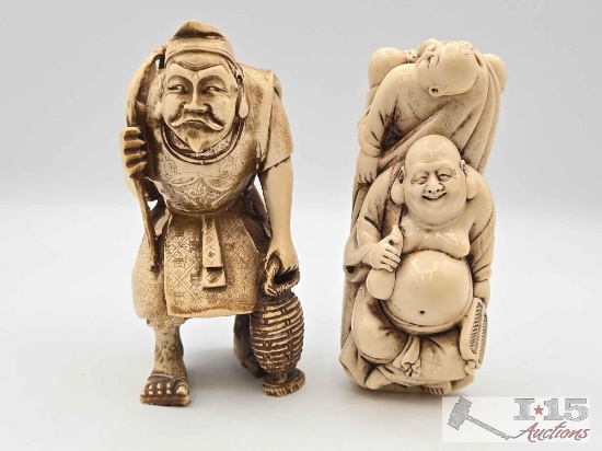 (2) Japanese Carved Bone Netsuke Figurines