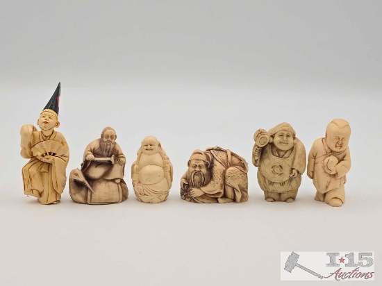 (6) Japanese Carved Bone Netsuke Figurines
