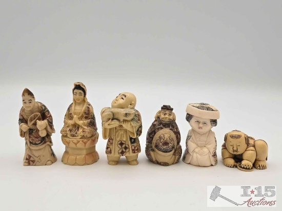 (6) Japanese Carved Bone Netsuke Figurines