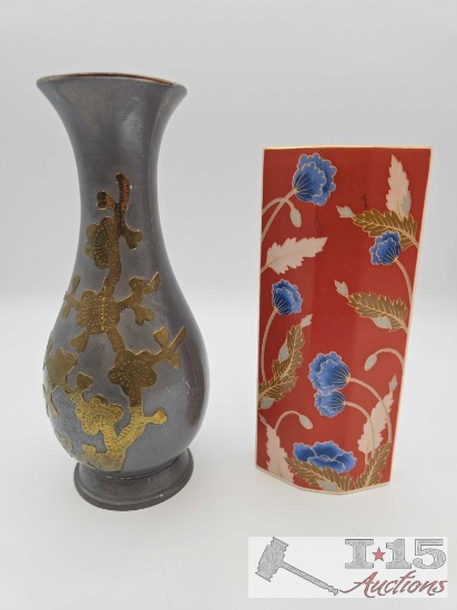 Pewter with Brass Overlay Vase & Vintage Elan Takahashi Porcelain Vase