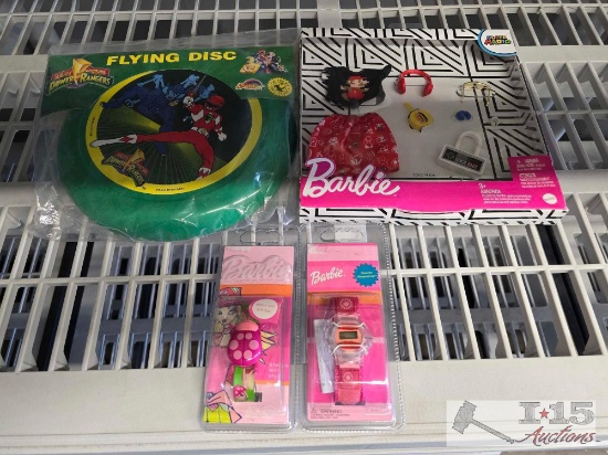 (2) Barbie Watches, Super Mario Barbie Accessories and Power Rangers Flying Disc