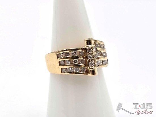 14K Gold with 3 Rows of Diamonds, 6.07g
