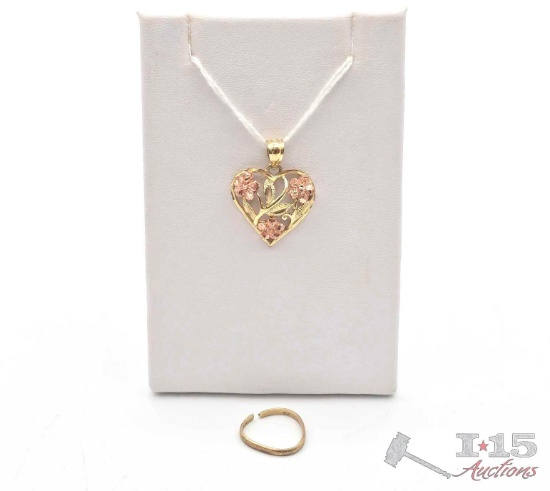 10K Gold Black Hills Heart Pendant with Flowers & Ring, 1.99g