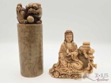 Chinese Foo Dog Carved Soapstone & Chinese Shoshan Carved Stoned of Woman and Child