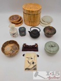 Chinese Cloisonne Bowl, Japanese Millie Fleur Satsuma Bowl, Mini Cast Iron Kettle and More