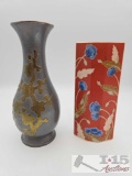 Pewter with Brass Overlay Vase & Vintage Elan Takahashi Porcelain Vase