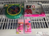 (2) Barbie Watches, Super Mario Barbie Accessories and Power Rangers Flying Disc