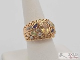 14K Gold Ring with Diamond, Amethyst, Jadeite & Nephrite Stones, 8.02g