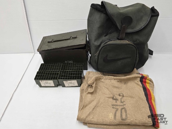 Metal Ammo Can, Nike Back Pack & German Burlap Mail Sack