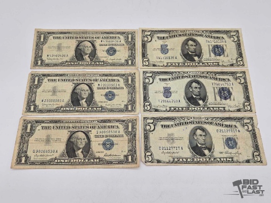 (3) $1 & (3) $5 Silver Certificates